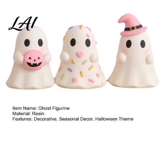 Small Resin Ghost Statue Cute Halloween Figurine Candy Pumpkin Witch Hat Figure Desk Decor for Girls Pink White Kawaii Tabletop Ornament Desktop