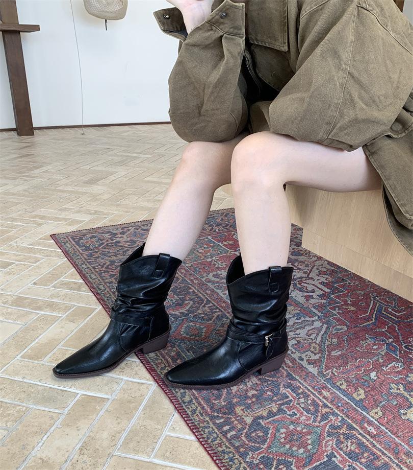 Queen Fan retro thick heel western cowboy boots women's 2025 new autumn with skirt, thin and heightened short boots