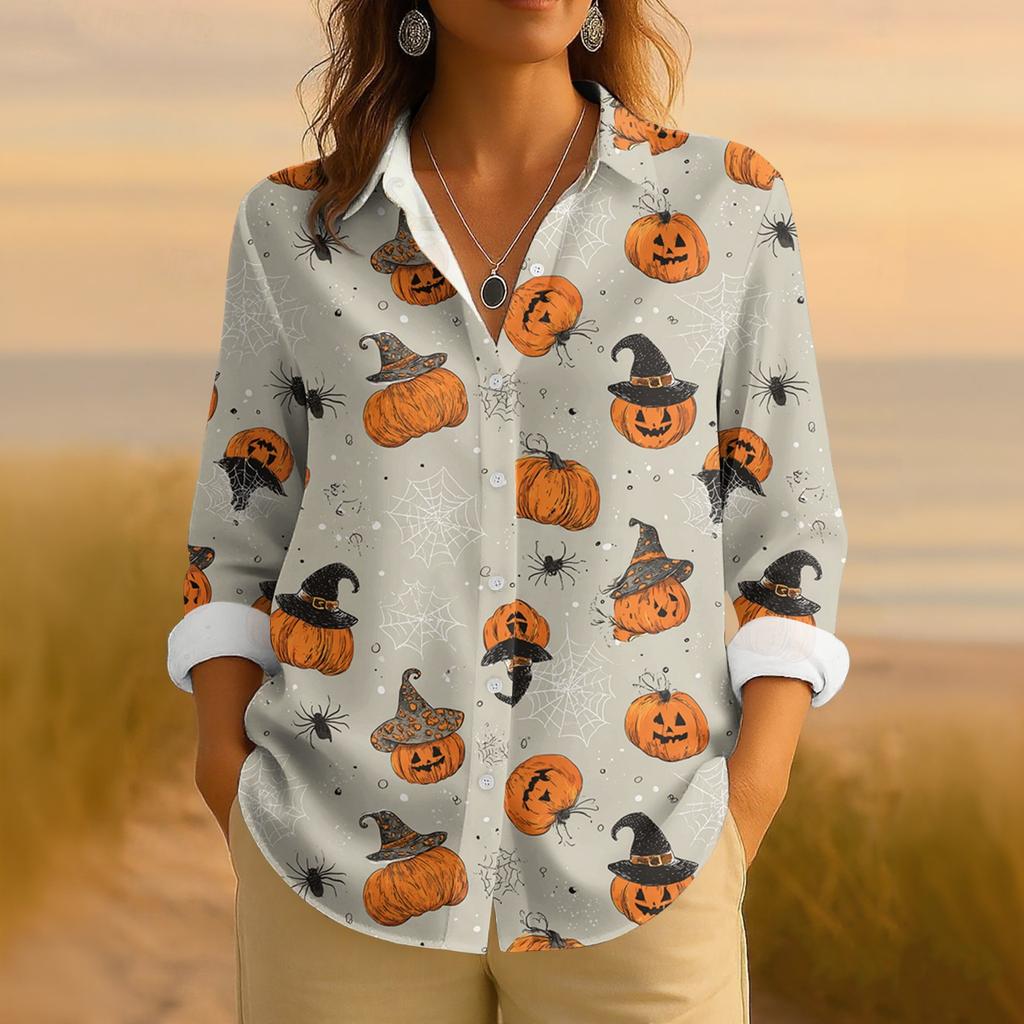 Dámská retro halloweenská potištěná košile s dlouhým rukávem na knoflíky, ležérní top s klasickým límečkem