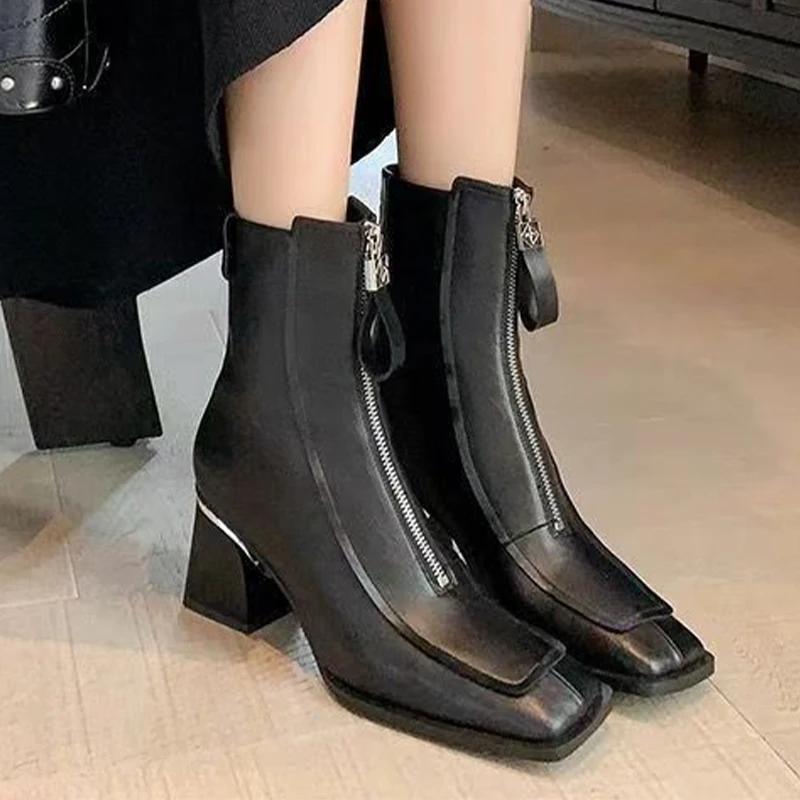 

Зимние ботинки на высоком каблуке для женщин, массивные кожаные туфли, женская обувь 2025 года, зимние туфли-лодочки в стиле готики, панка, мотоцикла, Botas De Mujer 36