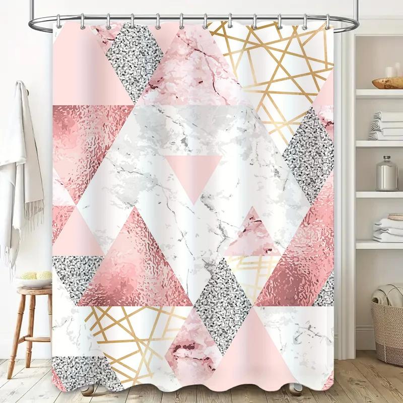 Modern Geometric Triangle Marble Shower Curtain for Bathroom Decor Home Accessories Waterproof Bath Rug Set in Pink White Blac
