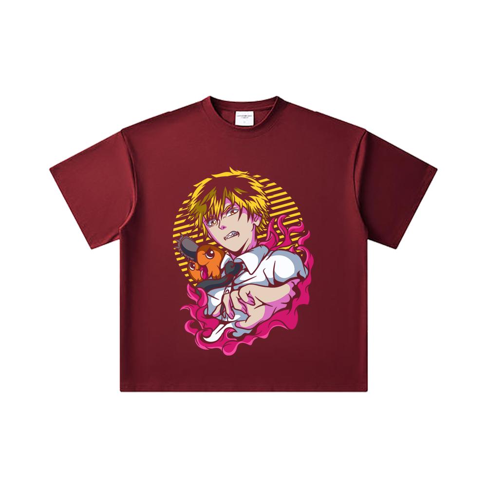 260 GSM Double Yarn 32 Count 100% Cotton Chainsaw Man V4 Denji X Pochita Print Unisex Heavy Cotton T Shirt
