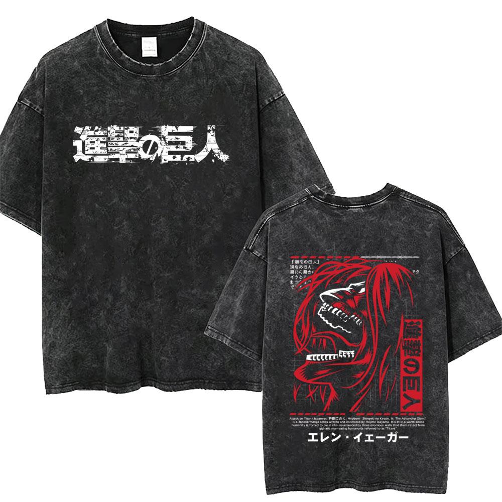 Washed Vintage Anime Attack on Titan Tshirts Eren Jaeger Graphic Tshirt Men Women Manga Retro Oversized Short Sleeve T Shirts
