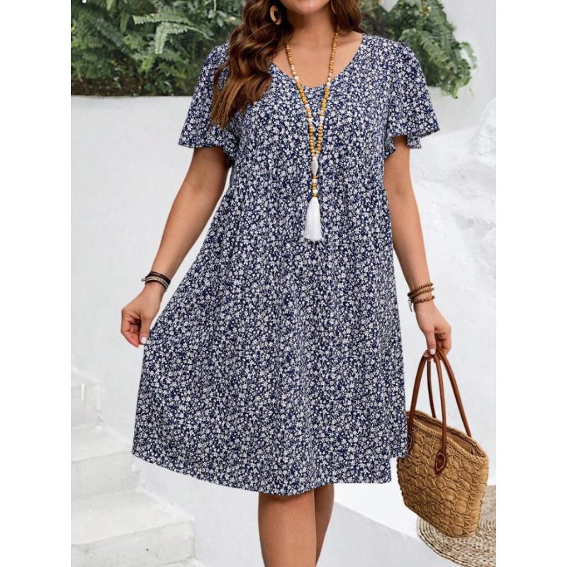 

QICED Fashion Summer Spring Short Sleeve O-Neck Casual Dresses XXXXXL квітковий колір друку