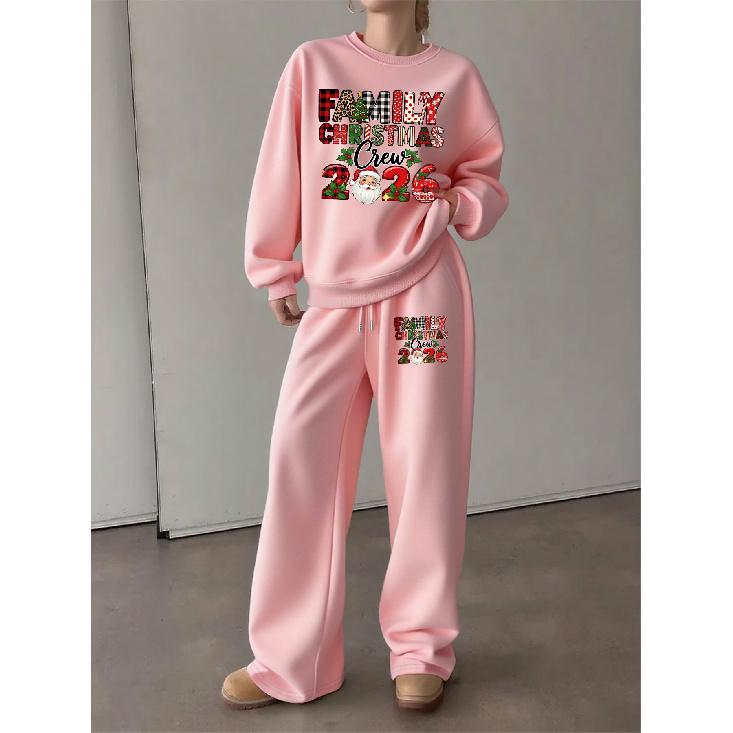 Christmas Theme Women's 2-Piece Set: Loose Crewneck Sweatshirt with Drawstring Straight Pants, Casual Holiday Vibe Outfit