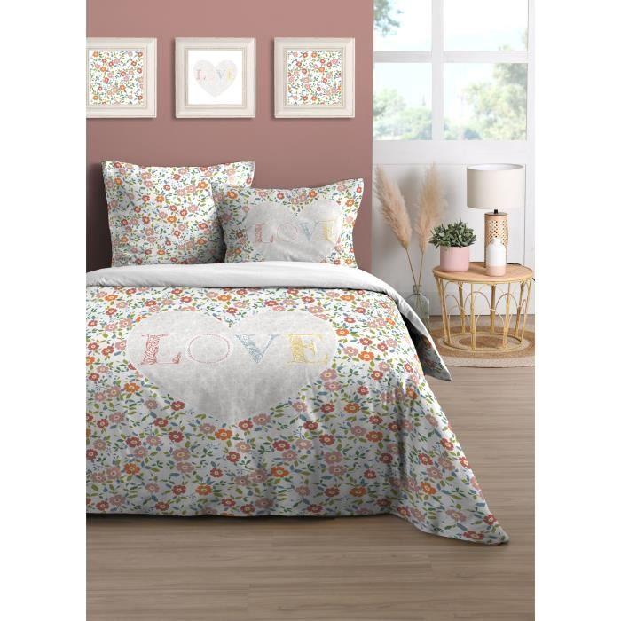 Housse de couette - Love fleurette - 220x240 cm - 100% Coton - 2 Taies - Oeko-Tex®