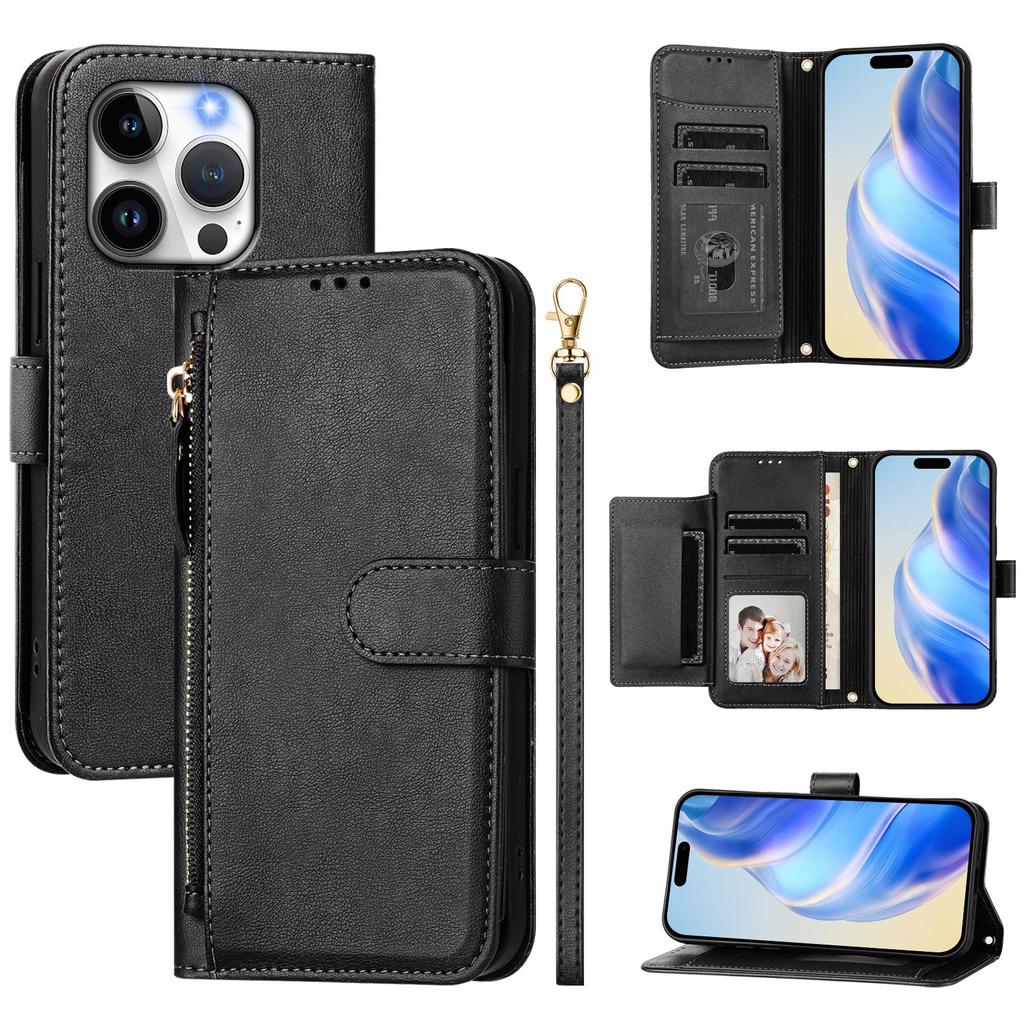 For iPhone 14 Pro Case Zipper Pocket Multiple Card Slots Leather Phone Cover