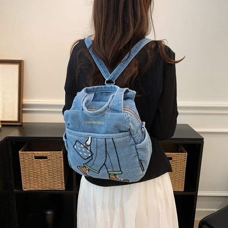 Women Cartoon Embroidery Denim Tote Bag Carry Handbag with Detachable Crossbody Strap Large Capacity Washed Jean Casual Daily Shopping Messenger