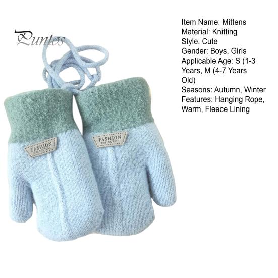 Children Mittens 1 Pair Hanging Rope Halter Thickened Fleece Lining Winter Woolen Yarn Gloves Letter Logo Solid Color Baby Knitting Knitted