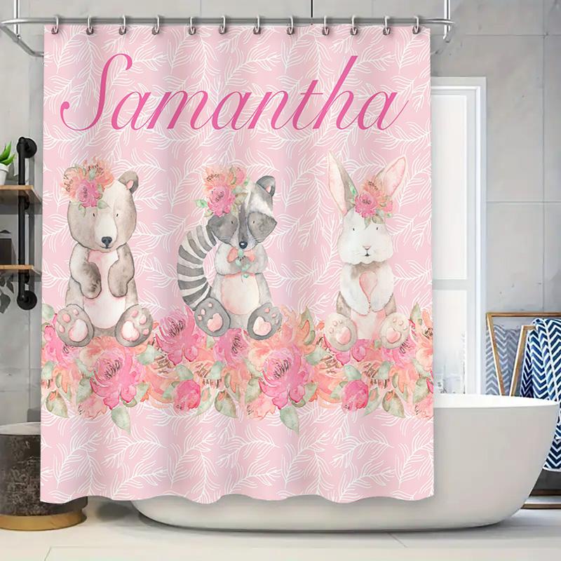 

Розовая цветочная детская шторка для душа с персонализацией имени девочки, розовый декор для ванной комнаты для детской 90x180cm