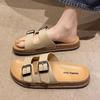 Women's Two Strap Buckle Slide Sandals Faux Cork Footbed Thick Sole Casual Slippers