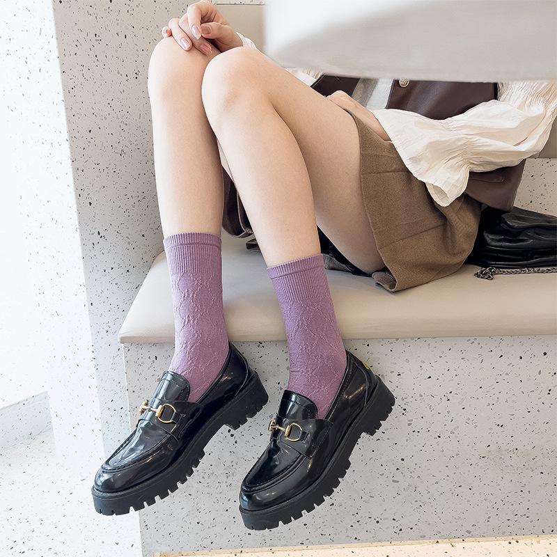 Women's Fall Diamond Solid Color Precollage Style All Purpose Mid Tube Cotton Socks