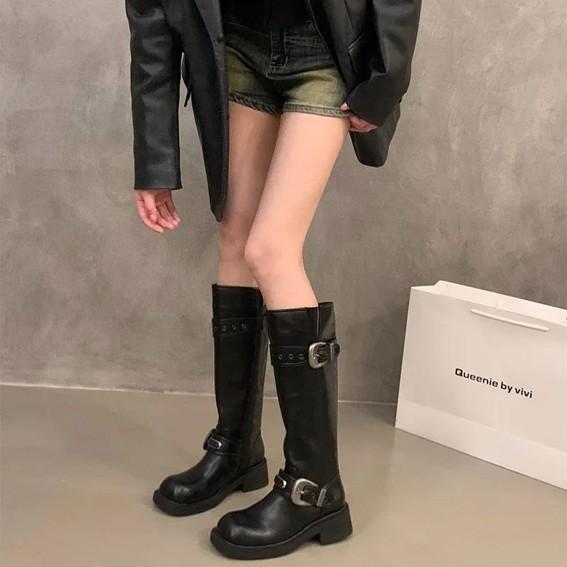 Vintage Women Knight Long Boots Fashion Elegant Belt Buckle Shoes Square Heel Women's Western Cowgirl Booties