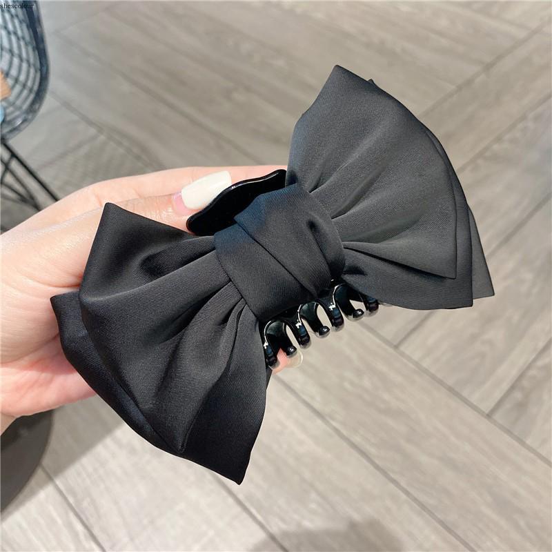Korean Black Double-Sided Bow Hair Clip with Large Shark Clasp for Women