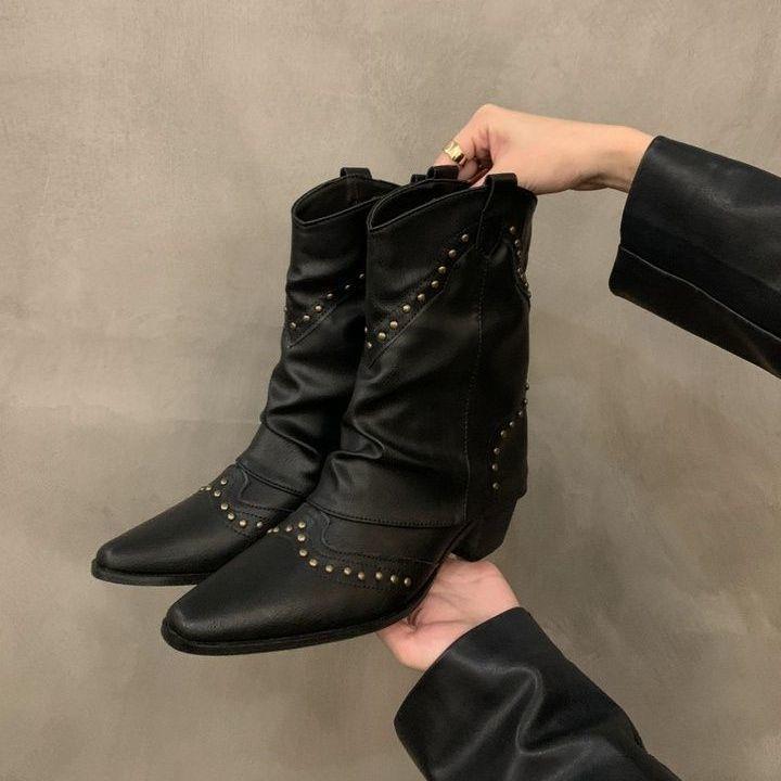 Coarse heel pointed western cowboy boots women's boots 2025 new thin short boots spring and autumn single boots brown Martin boots