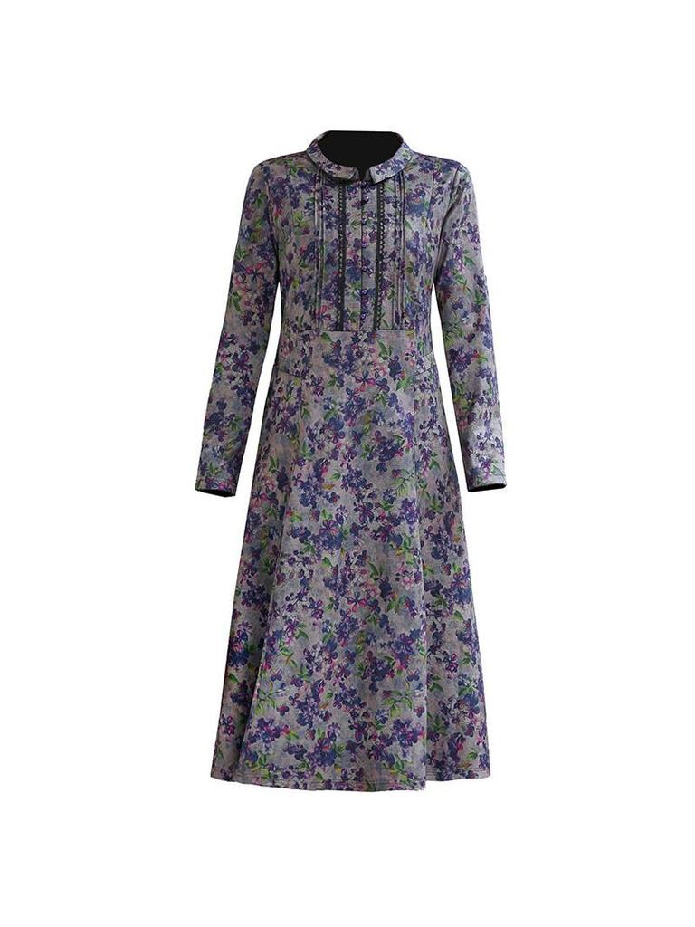 2026 Spring Retro Print Long Sleeve Knee-Length Dress for Middle-Aged and Elderly Moms - Stylish and Elegant Skirt