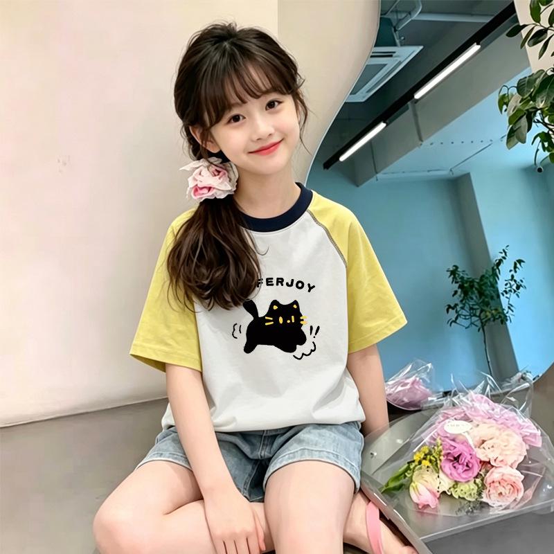Korean Style Patchwork Cotton Short Sleeve T-Shirt for Girls - Summer New Arrivals