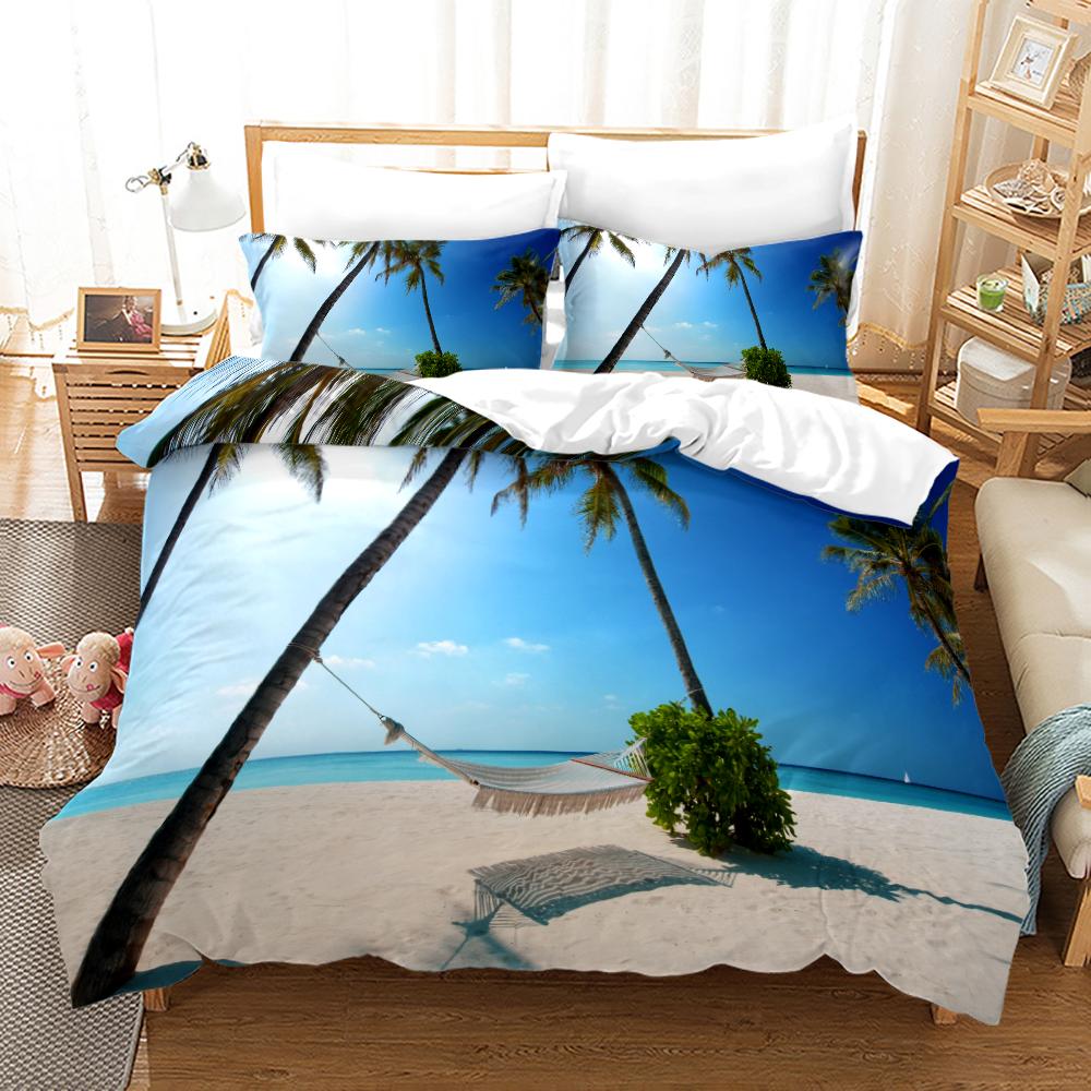 Tropical Landscape Polyester Duvet Cover Sets King Full With Pillowcase Coconut Trees Sea Sunset Natural View Large Sun Pattern