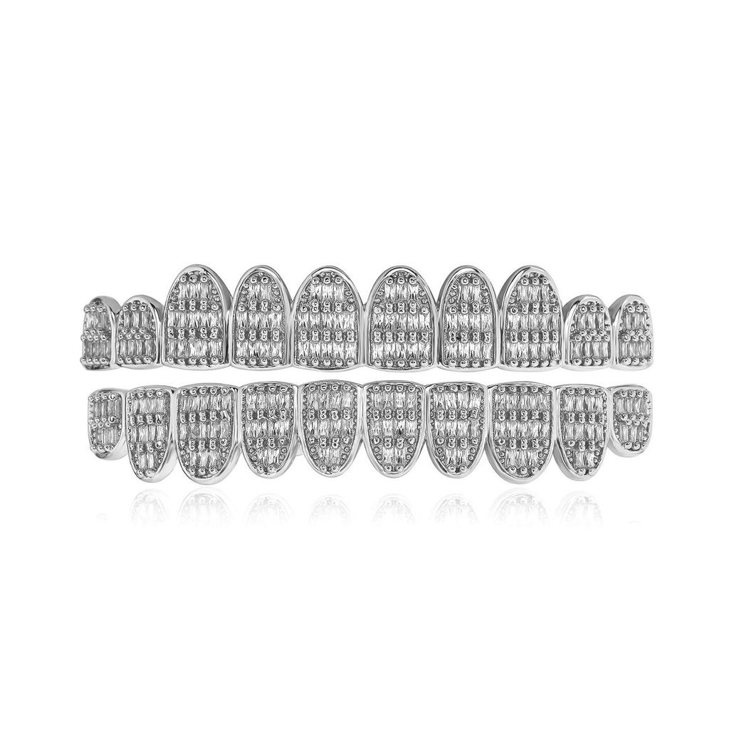 Full Paved 3 Rows T Square CZ Grillz 10 Teeth Brass Real Gold Plated Hip Hop Cool Rapper Teeth Grills Halloween Cosplay Bulk