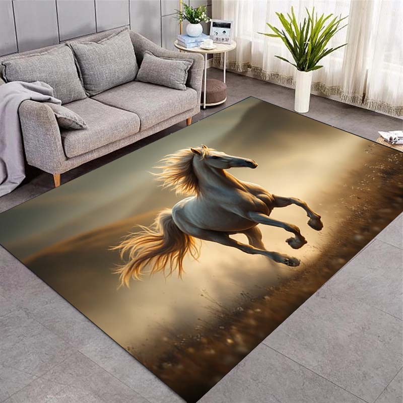 Wild Running Horses Sunset Grassland Print Area Rug Wildlife Animal Non‑Slip Rectangular Floor Mat Horse Lover Gaming Room Living Bedroom Decor Rug