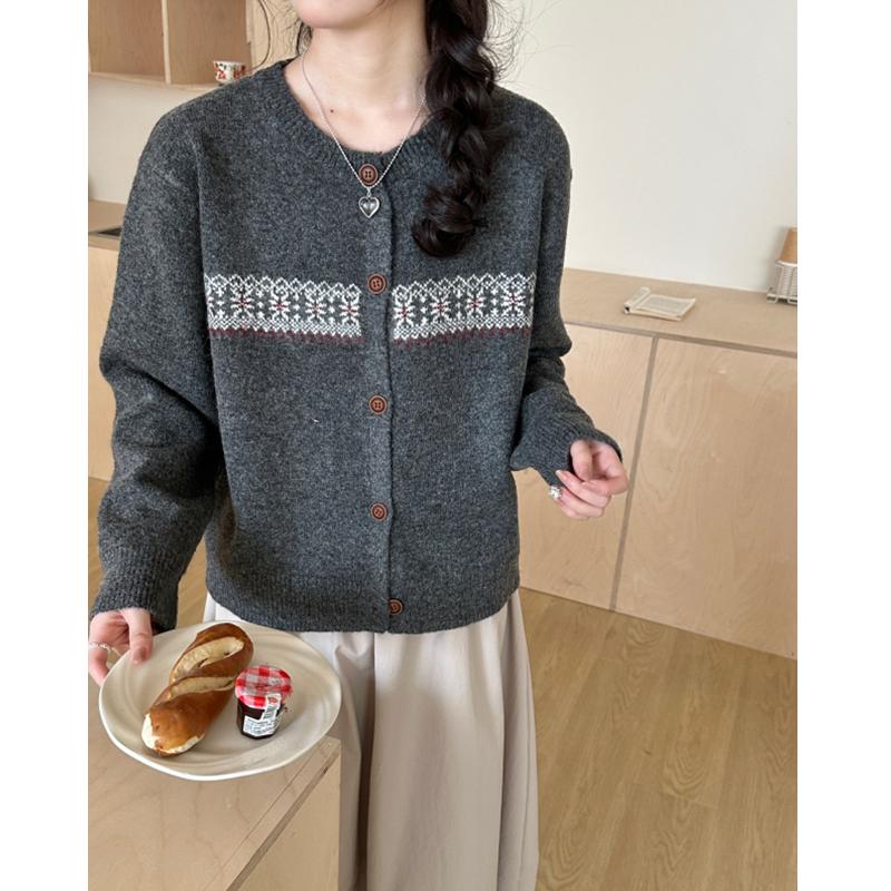 Autumn Winter Single-breasted Knitted Sweater Short Cardigan Jacket Loose Crew Neck Fashion Vintage Prined Sweaters Youth Women