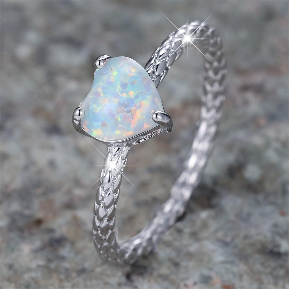 White Fire Opal Love Heart Stone Rings For Women Vintage CopperColor Wedding Bands Birthstone Jewelry Valentine's Day Gifts