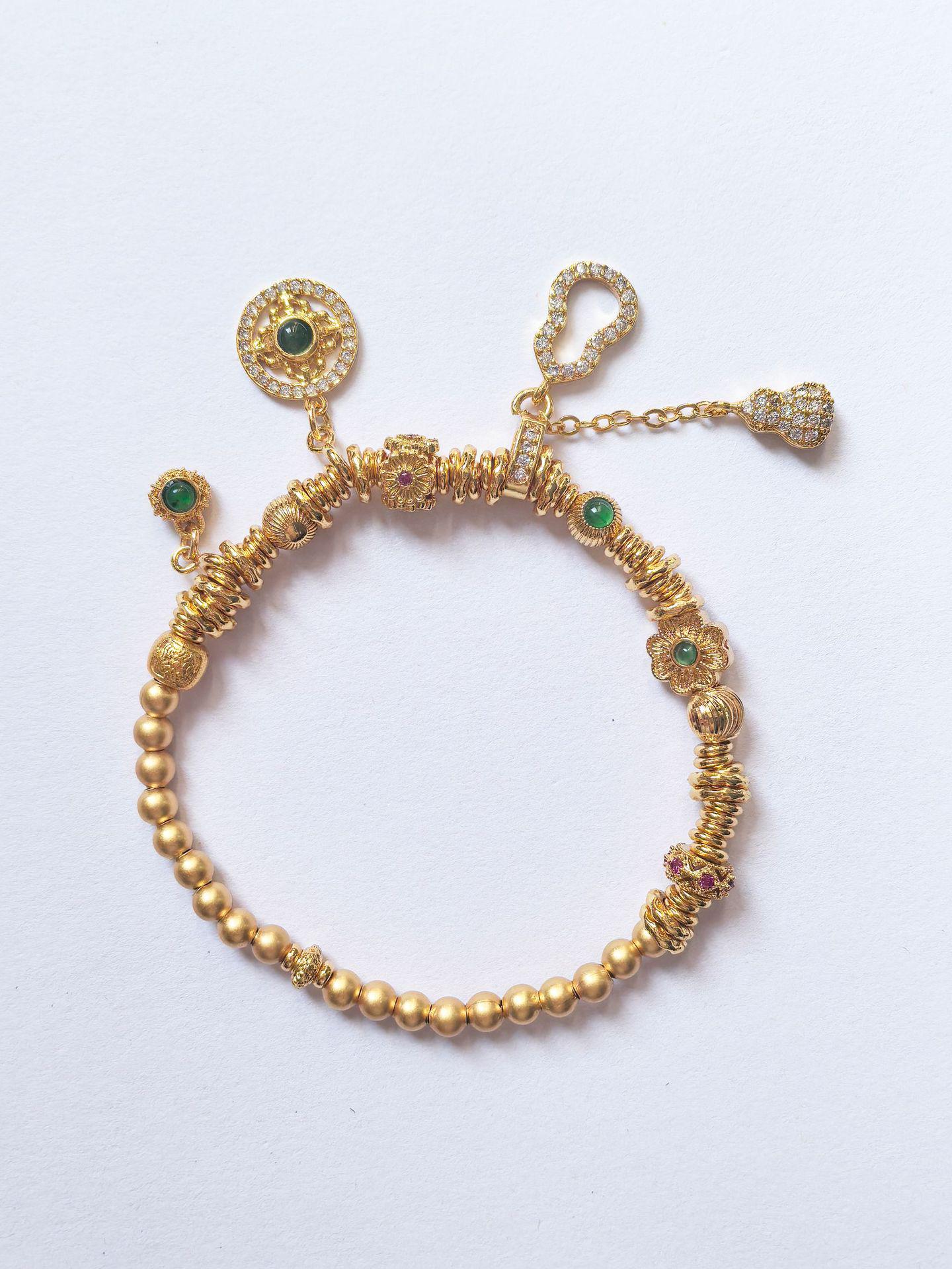 Luxurious Green Woven Copper  Gold Bracelet Pure Natural
