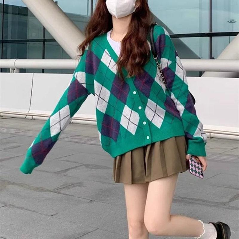 Sweet Preppy Style Sping Autumn New Sweaters Coats Women V-Neck Lingge Contrast Color Button Long Sleeve Cardigan Knitted Tops