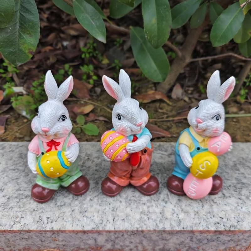 Easters Rabbit Sculpture Colorful Bunnies with Eggs Resins Figurine Statue Ornament for Home and Garden Decoration Gift