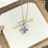 Purple Diamond Four-Leaf Clover Titanium Steel Necklace with Zirconia for Women