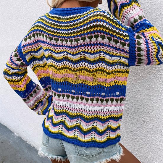 Loose Casual Women Sweater Round Neck Long Sleeve Contrasting Color Stripe Knitted