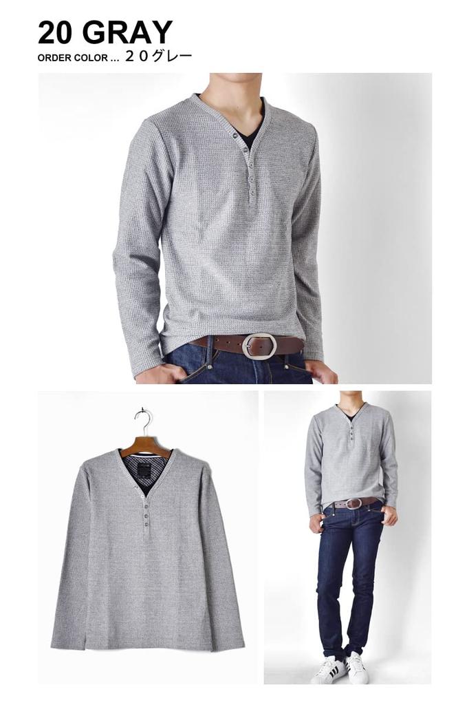 ARONA Heather Border Layered Style Waffle 36 Size L Y-Henley Sweatshirt/YC Khaki,
