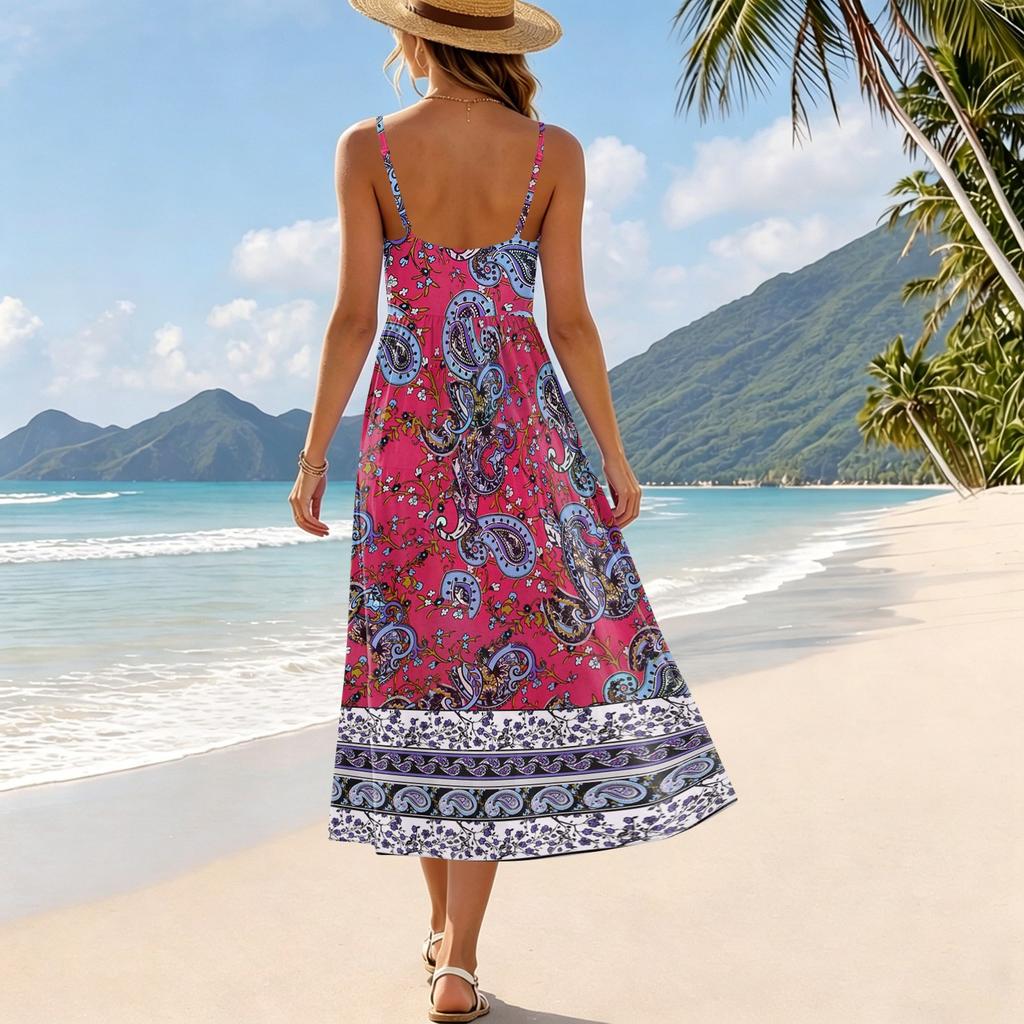 Women’s Sleeveless Floral Print Midi Dress with Adjustable Spaghetti Straps and Bohemian Patterned Hem for Summer Wear