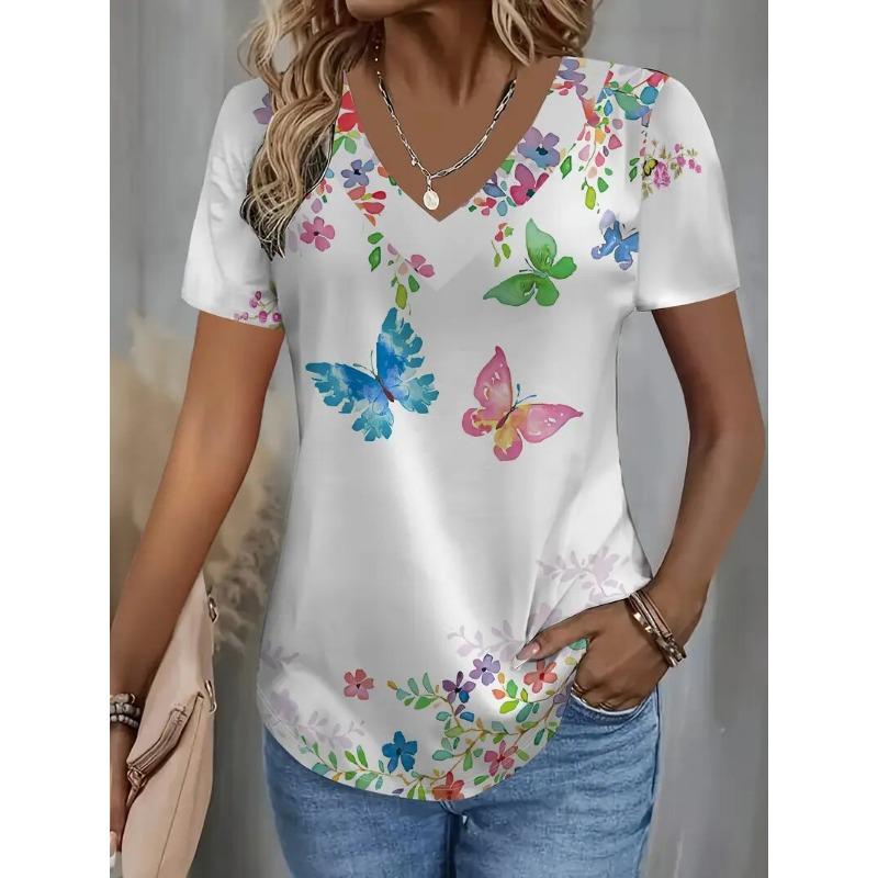 Women's Floral Print V-Neck T-Shirt Y2k Fashion Casual Short-Sleeved Blouse Street Oversized Women's Summer Clothing