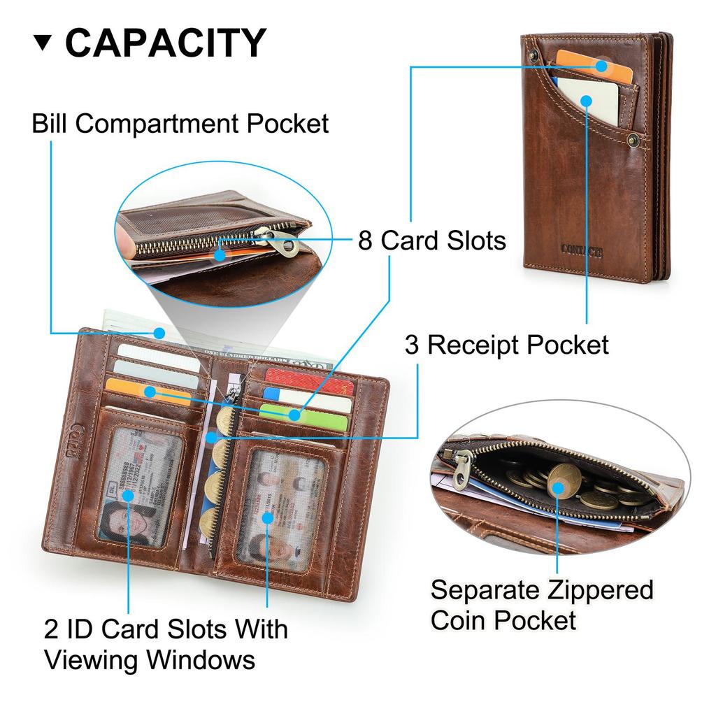 Cartera Monedero Portatarjetas de Cuero Genuino CONTACT'S para Hombre Fundas para Tarjetas con Bloqueo RFID con Bolsillo con Cremallera Portatarjetas de Identificación Cartera Pequeña de Hombre