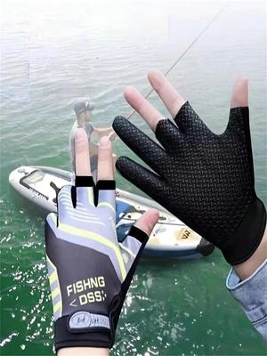 1 Pair Half-Finger Fishing Gloves - Durable Design. Thin Fabric with High Elasticity, Breathability, and Coolness. Features Non-