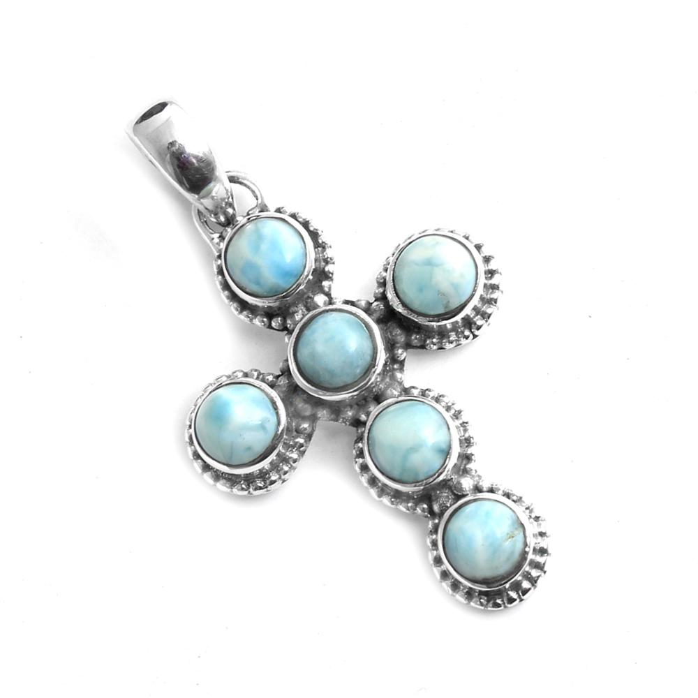 Larimar Gemstone Cross Pendant, Handmade Designer Pendant, Solid 925 Sterling Silver Pendant, Birthstone Gift