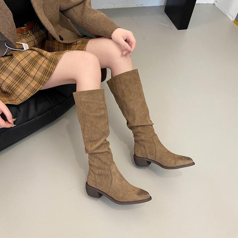 Fashion Autumn Pleated Women Knee High Boots Fashion Thick Heels Pointed Toe Shoes Western Long Botas Para Mujer