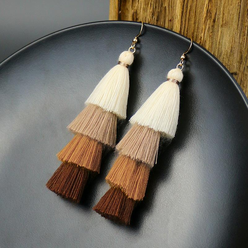 Bohemian color wool fringed earrings women's personality color matching vacation exaggerated temperament long earrings