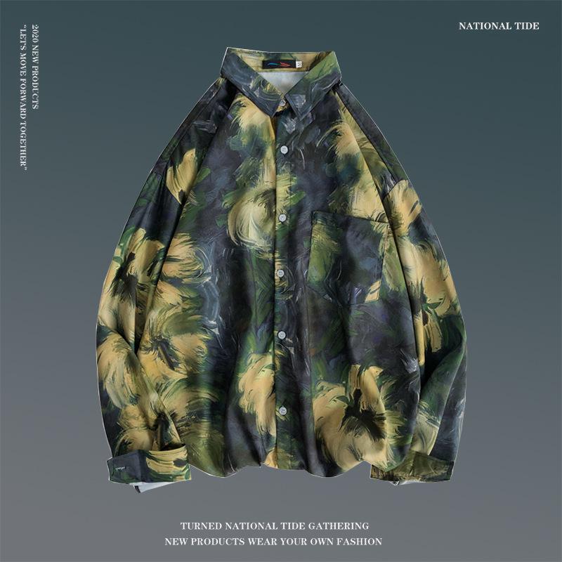 Camicia da Uomo Floreale Retro a Maniche Lunghe per la Primavera - Stile Coreano, Trendy, Versatile, Vestibilità Ampia, Top Stile Coppia Hong Kong.