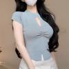 Crewneck Hollow Knit Summer Women's Ice Silk Knitted Slim-fit T-shirt Sexy Thin Short Top Women Trend