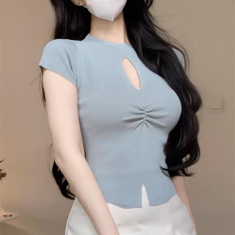 Crewneck Hollow Knit Summer Women's Ice Silk Knitted Slim-fit T-shirt Sexy Thin Short Top Women Trend