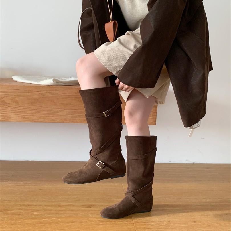 2025 Autumn High-quality Handmade Stacking Boots But Knee Round Head Boots Inner Height Increase Relaxation Suede Boots Women