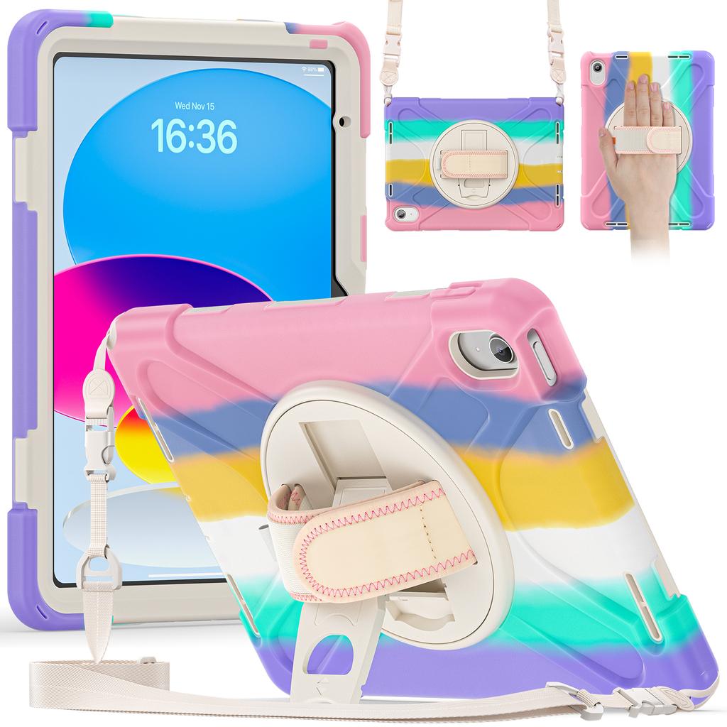 4 in 1 Detachable Mech-style Drop-resistant Wrist Strap Stand Case for IPad A16 11th 10th with Long Rope Soft Silicone Cover