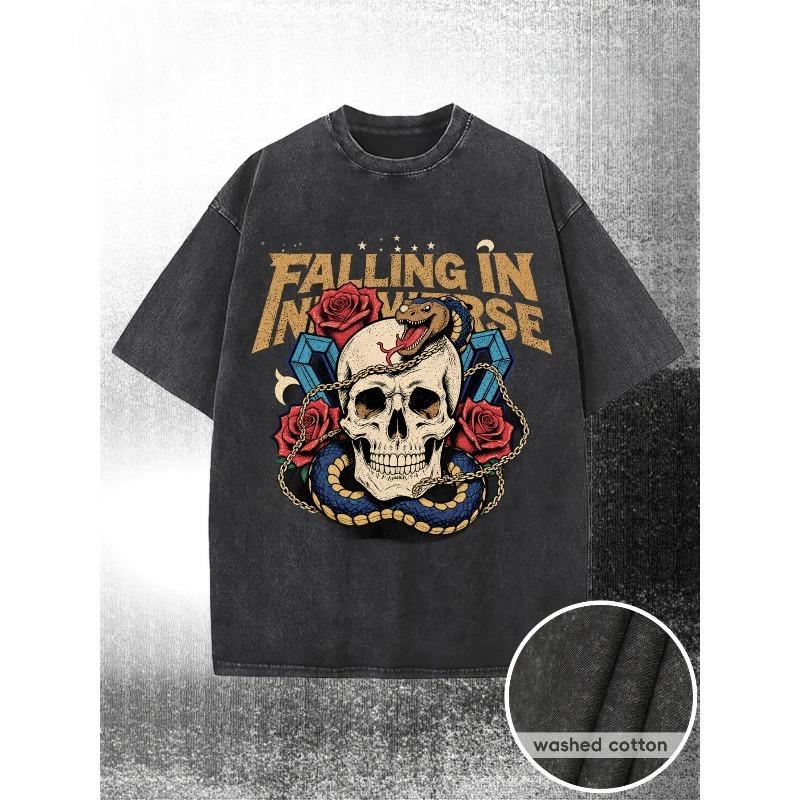 

European sizes Men s Washed T-Shirt, Vintage Skull And Snake Graphic, Features Red Roses And Gem-Like Shapes, Perfect for Summer T-Shirts S чёрный