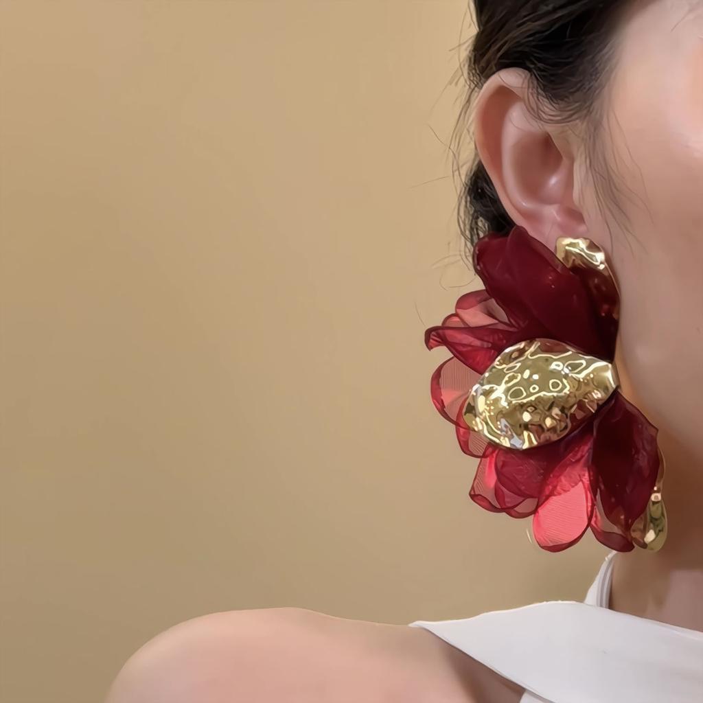 Retro Red Fabric Chiffon Flower Earrings Earrings Exaggerated Earrings Design Sense Niche