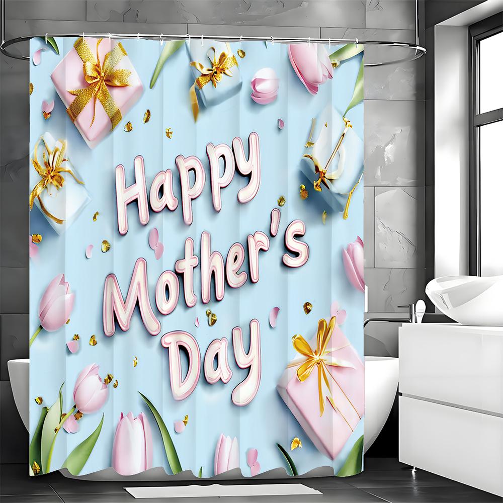 Happy Mother's Day Tulip Gift Blue Shower Curtain, Bathroom Decorative Shower Curtain, Waterproof Shower Curtain with Hooks