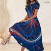 Women Plus Size Round Neck Short Sleeve Printed Gathered Waist A Line Long Dress Red Blue White