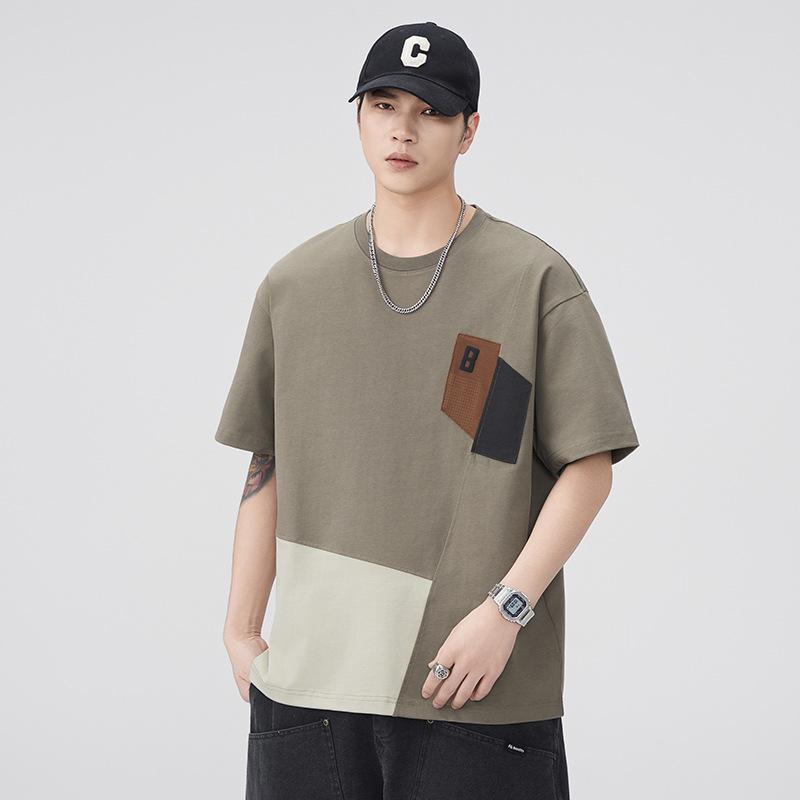 Summer Color-blocking Pure Cotton Short-sleeved T-shirt Men's Loose and Versatile Hong Kong Style Half-sleeved Casual Top