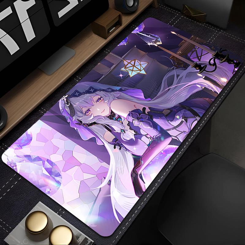 Gaming Mouse Pad Desk Mat Antislip Rubber Base Stitched Edges Mystical Purple Anime Girl Print for Gaming Office Desk Use
